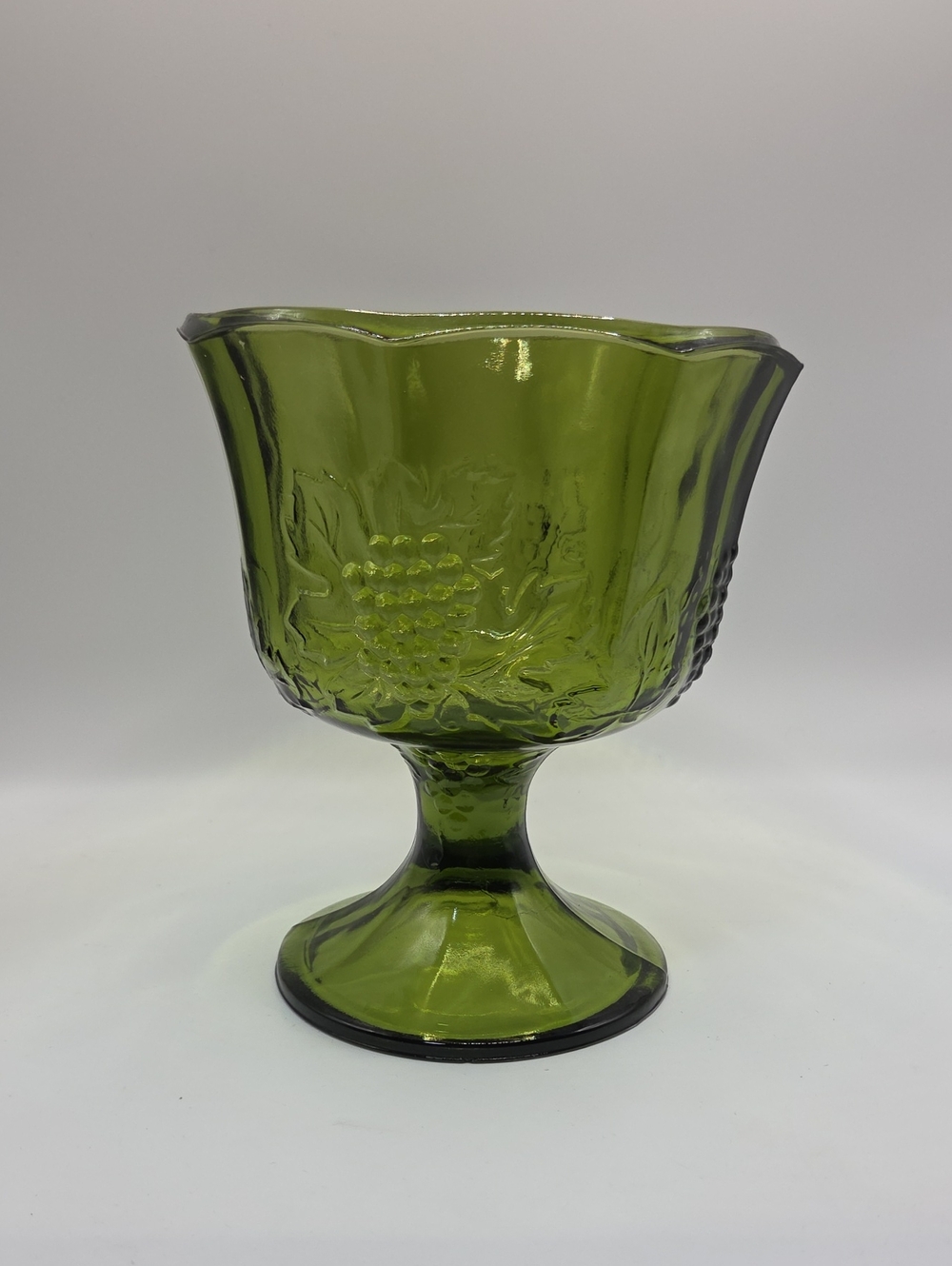 Indiana Glass Colony Harvest Green Glass Compote Bowl with Grape Motif Vintage